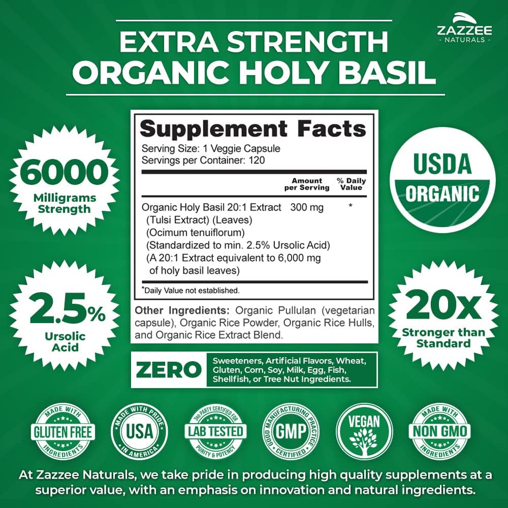 Zazzee Naturals Organic Holy Basil 6000mg 120 Capsules