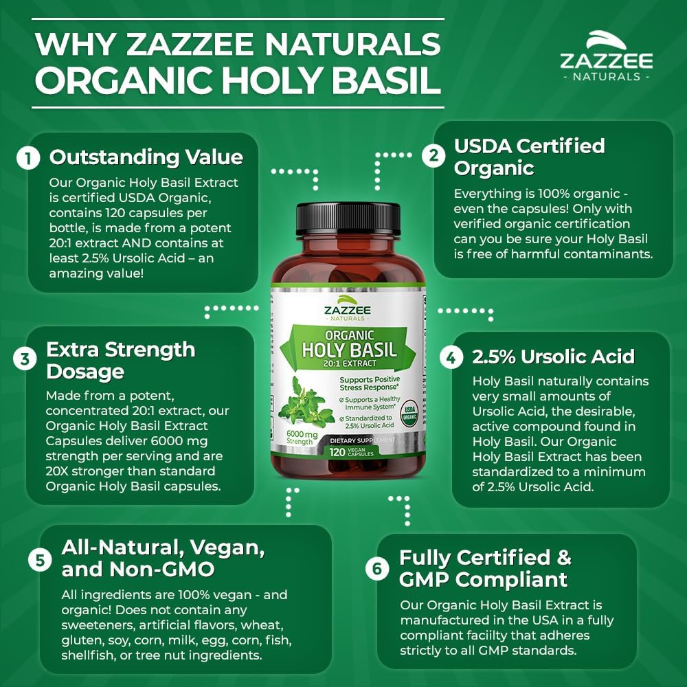 Zazzee Naturals Organic Holy Basil 6000mg 120 Cápsulas - Hi Vitamins