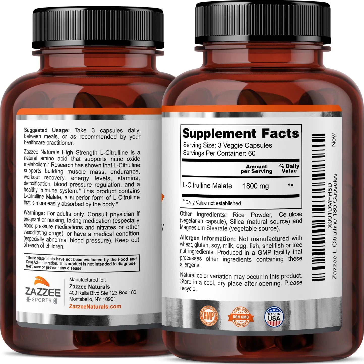 Zazzee Naturals L - Citrulina 1,800 Mg 180 Cápsulas - Hi Vitamins