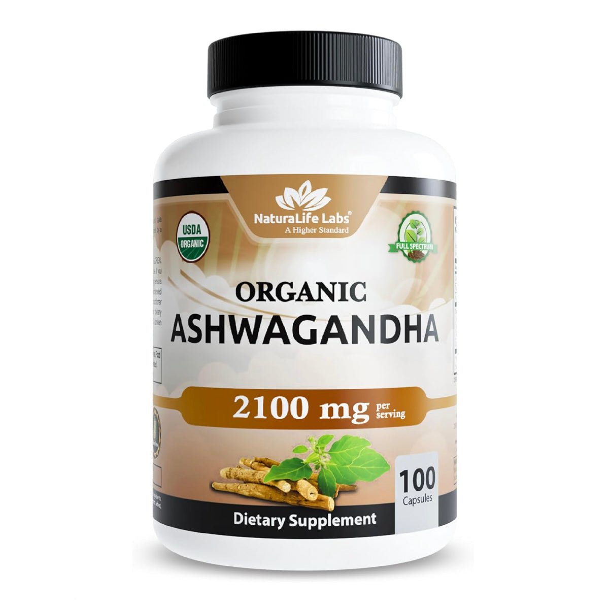 NaturaLife Labs Organic Ashwagandha 100 Cápsulas Extracto y Polvo de Raíz Apoyo al Estrés y Energía - Hi Vitamins