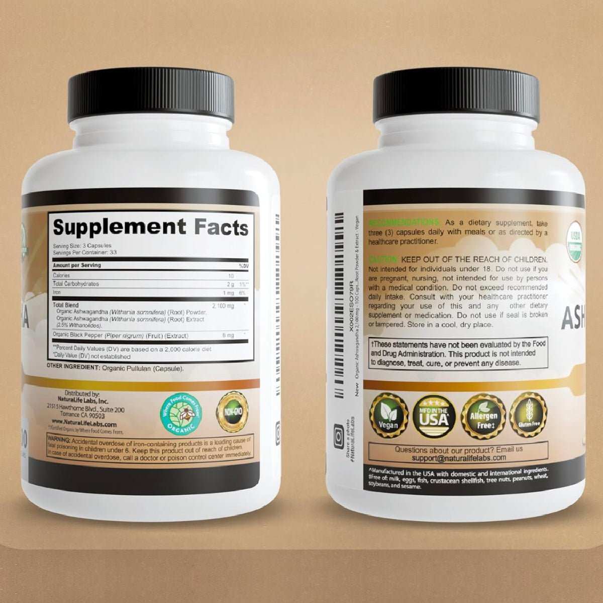 NaturaLife Labs Organic Ashwagandha 100 Cápsulas Extracto y Polvo de Raíz Apoyo al Estrés y Energía - Hi Vitamins