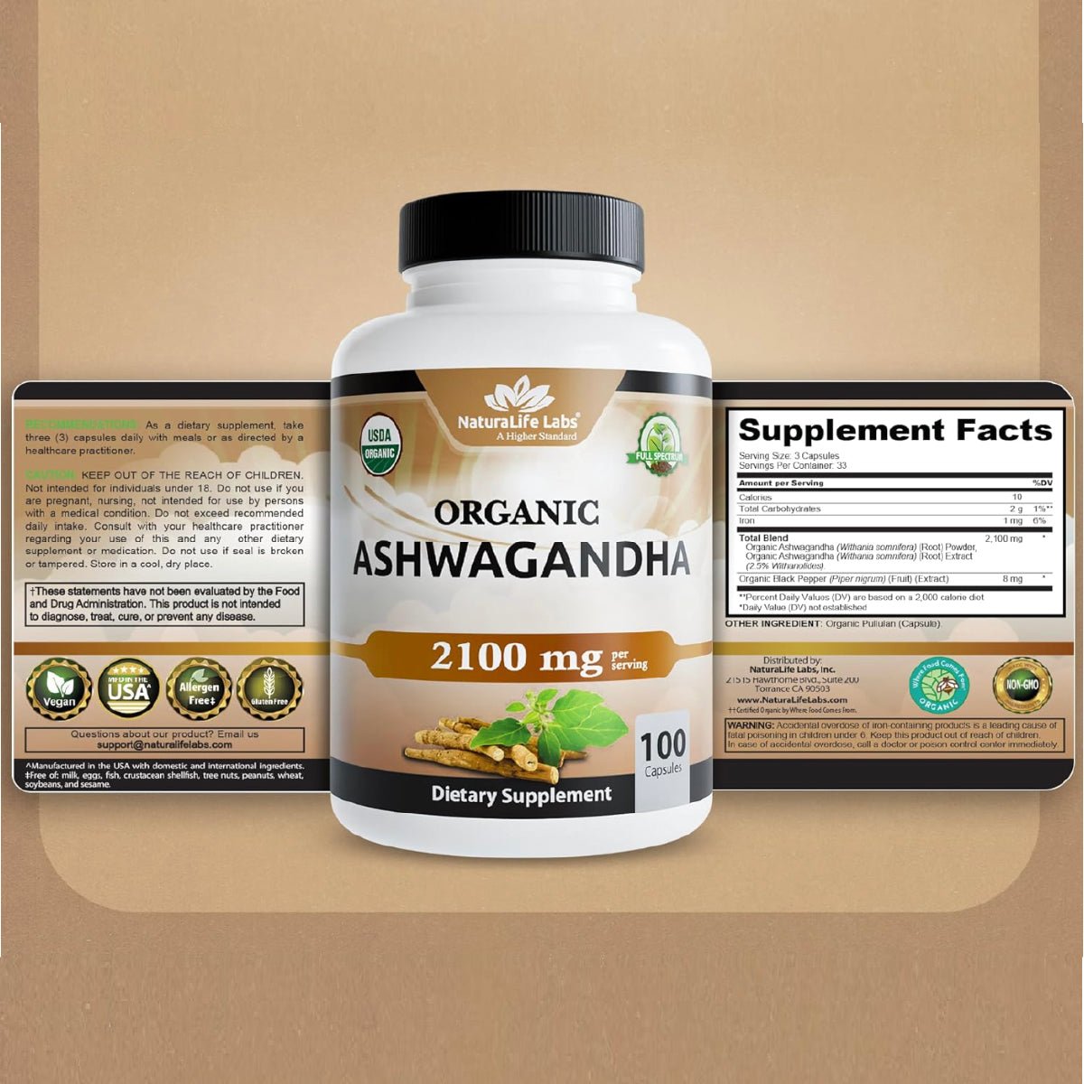 NaturaLife Labs Organic Ashwagandha 100 Cápsulas Extracto y Polvo de Raíz Apoyo al Estrés y Energía - Hi Vitamins