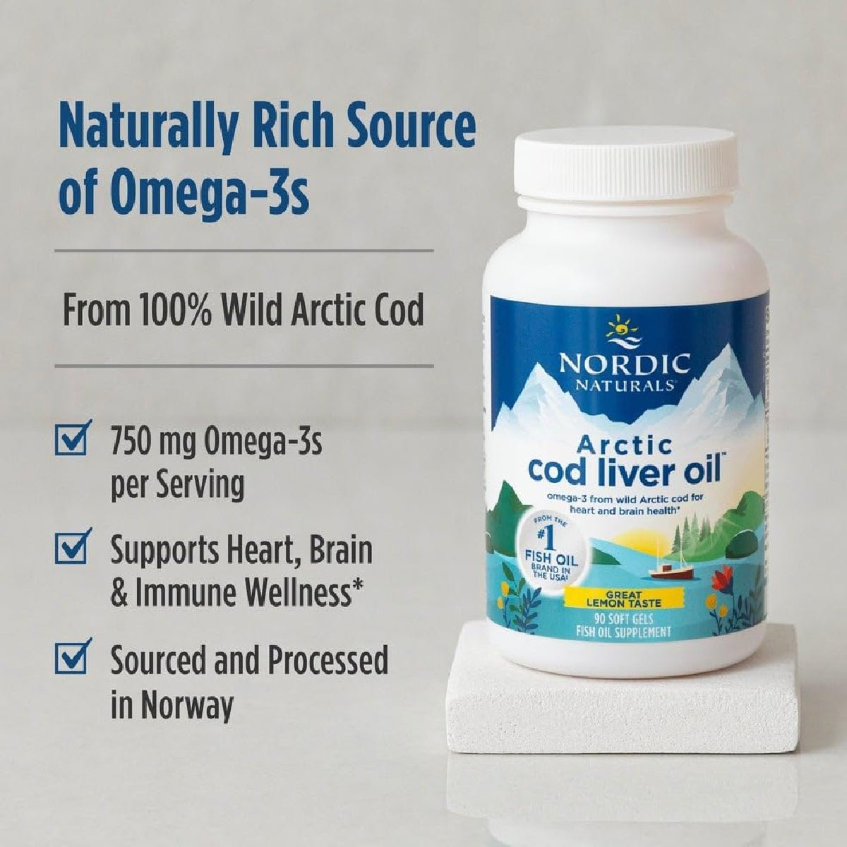 Nordic Naturals Aceite de Hígado de Bacalao Ártico Limón 90 Cápsulas Blandas Apoyo Corazón, Cerebro e Inmunidad - Hi Vitamins