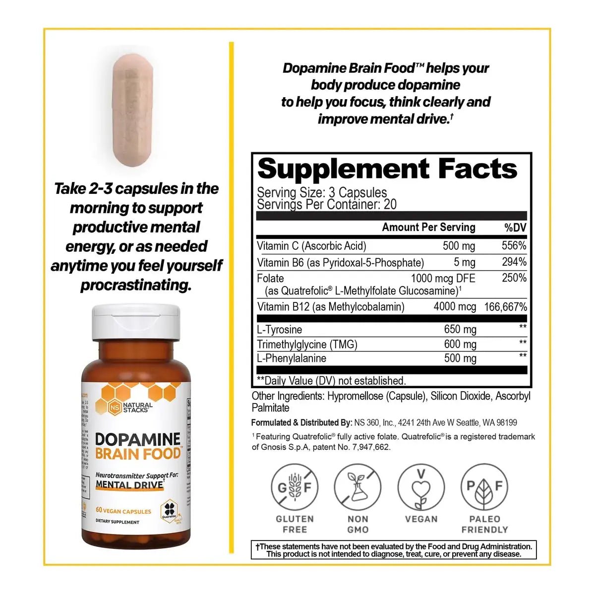 Natural Stacks® Dopamina 60 Cápsulas - Hi Vitamins