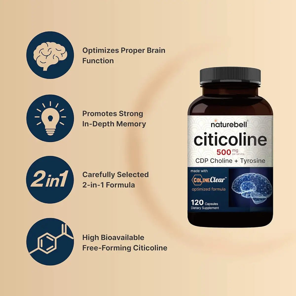 NatureBell Citicolina con Colina 500 Mg 120 Cápsulas - Hi Vitamins