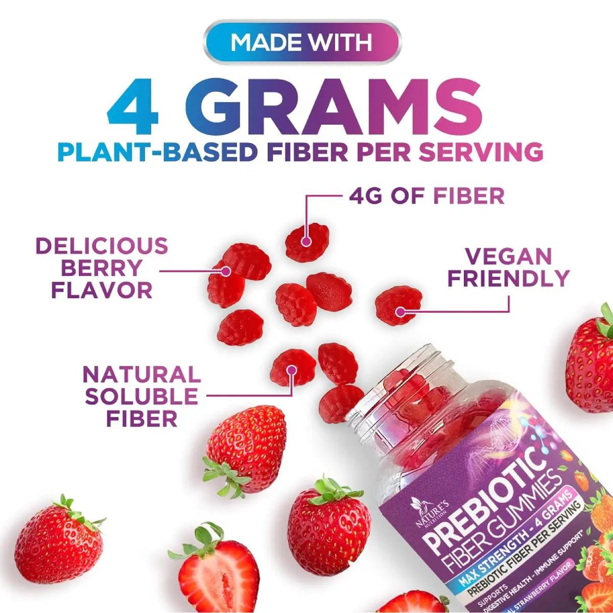 Nature’s Nutrition Prebiotic Fiber Max Strength 120 Gomitas Fresa - Hi Vitamins