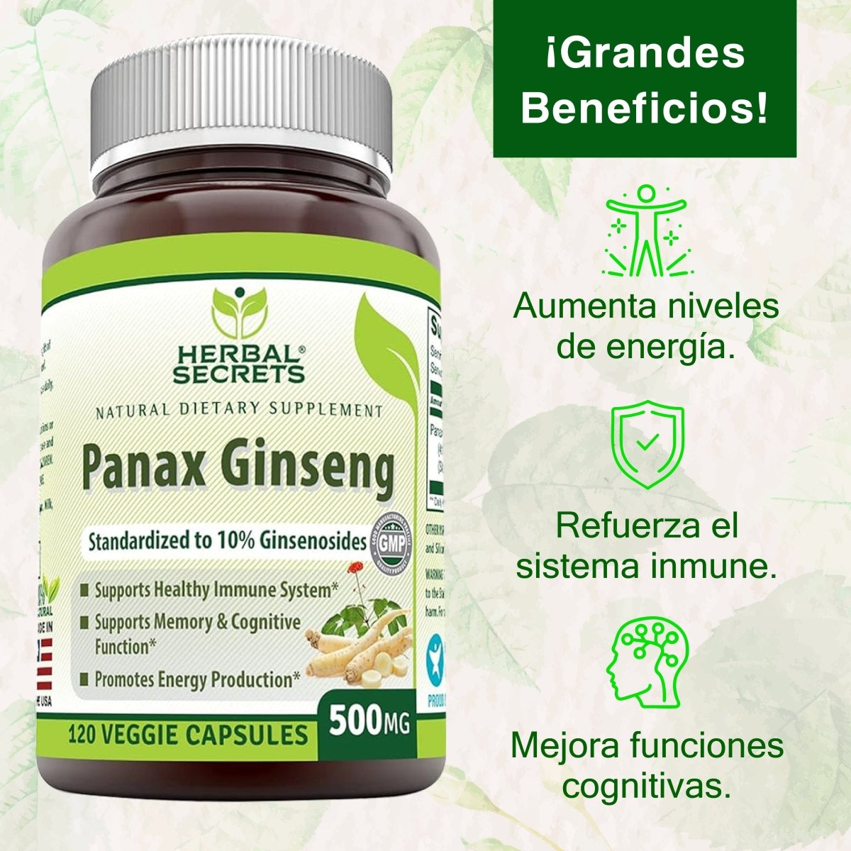 Herbal Secrets® Panax Ginseng 500mg 120 Cápsulas - Hi Vitamins