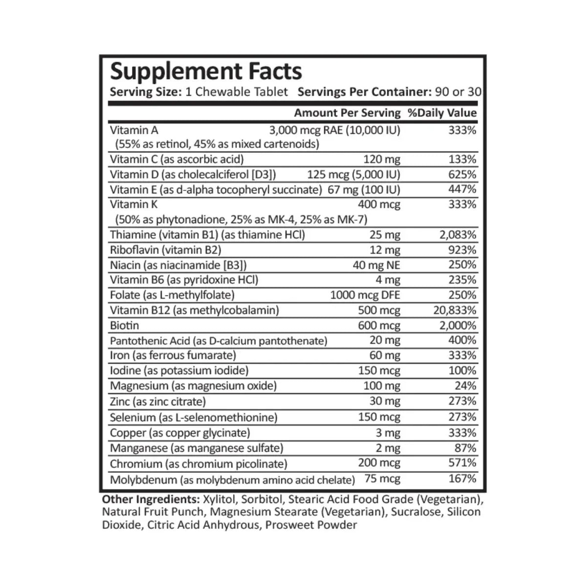ProCare Health DS/SADI Core Multivitamínico 60 mg Iron 90 Chews sabor Ponche de Frutas - Hi Vitamins