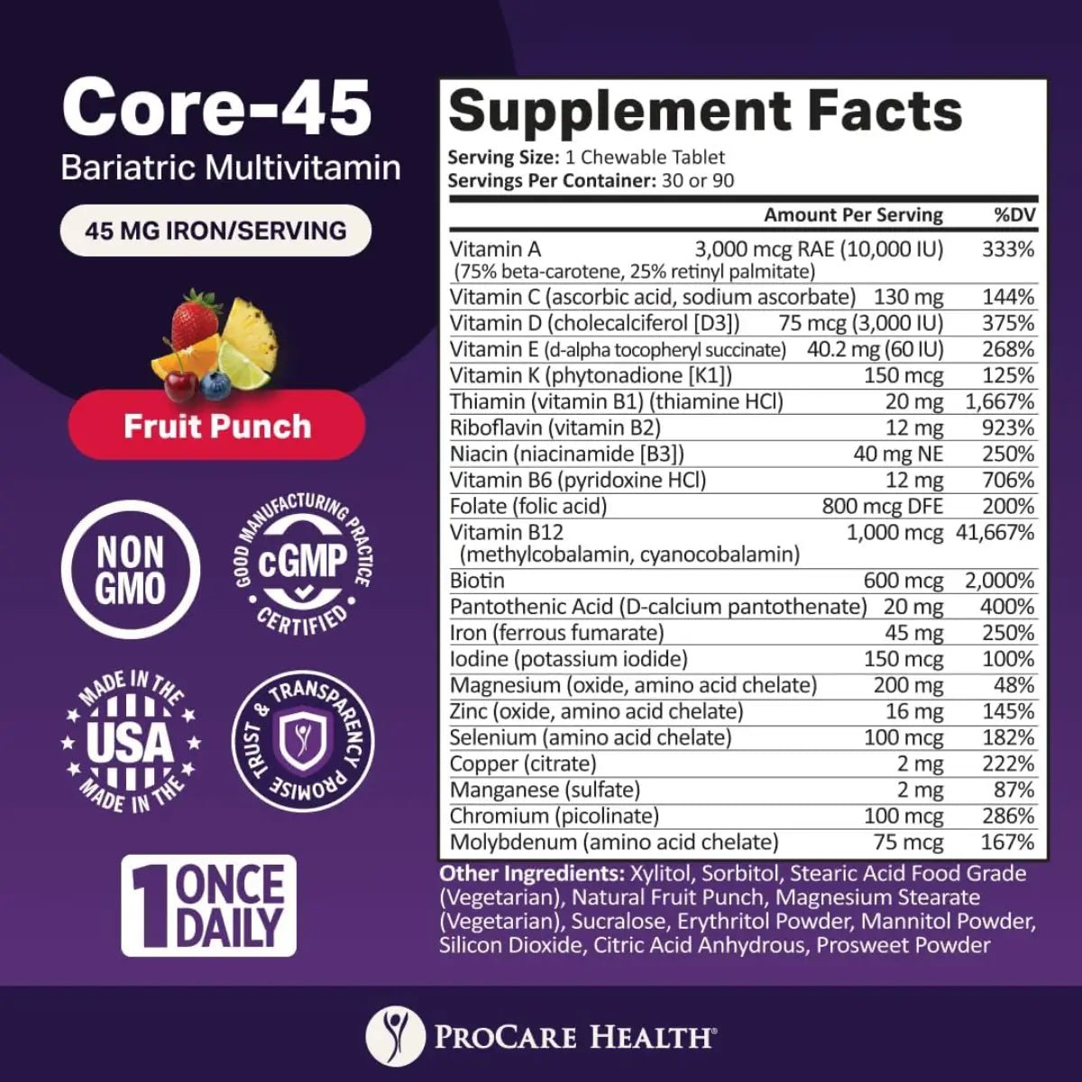 ProCare Health Multivitamínico Bariátrico 45 mg Iron 30 Chews sabor Ponche de frutas - Hi Vitamins