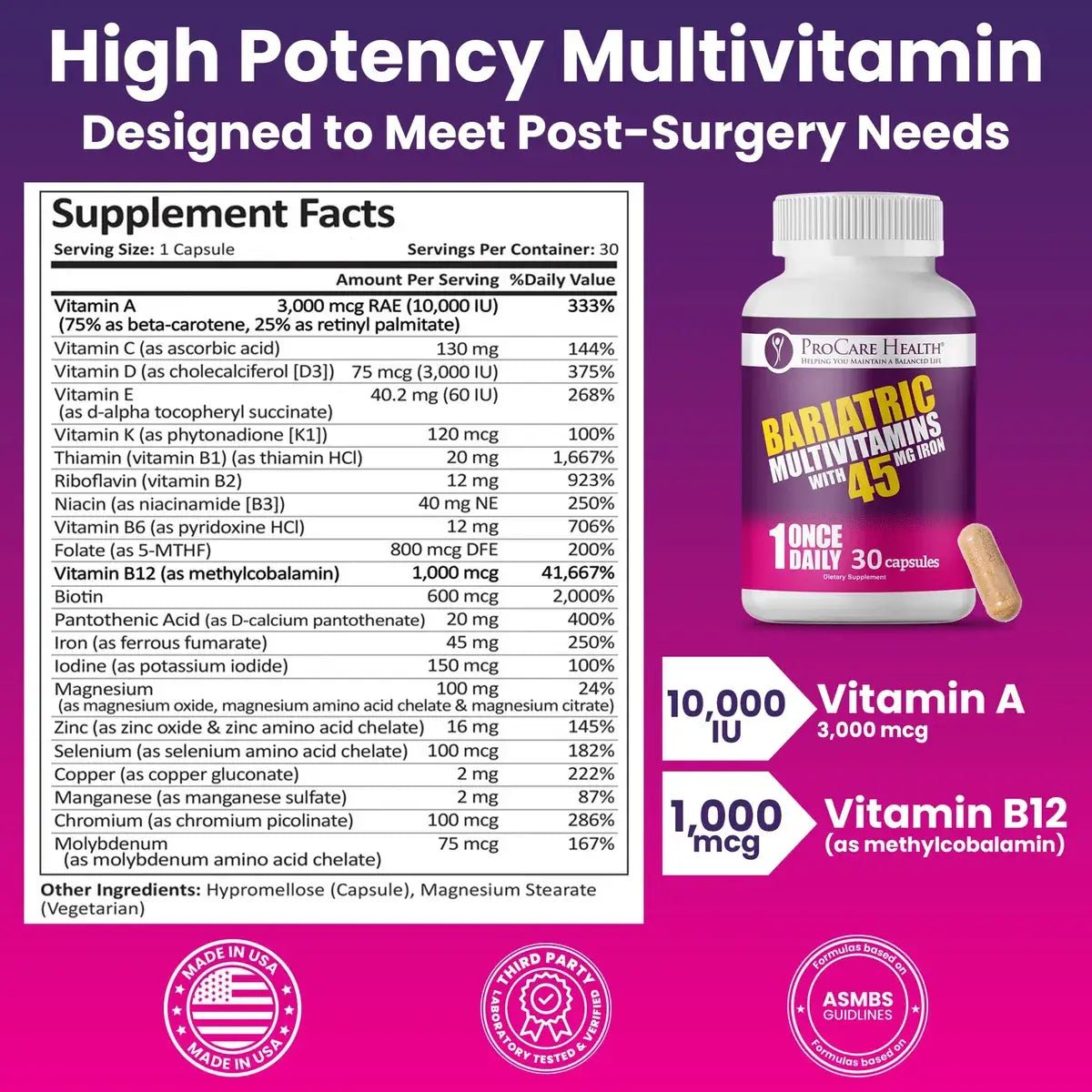ProCare Health® Multivitamínico Bariátrico con 45mg Hierro 30 Cápsulas - Hi Vitamins