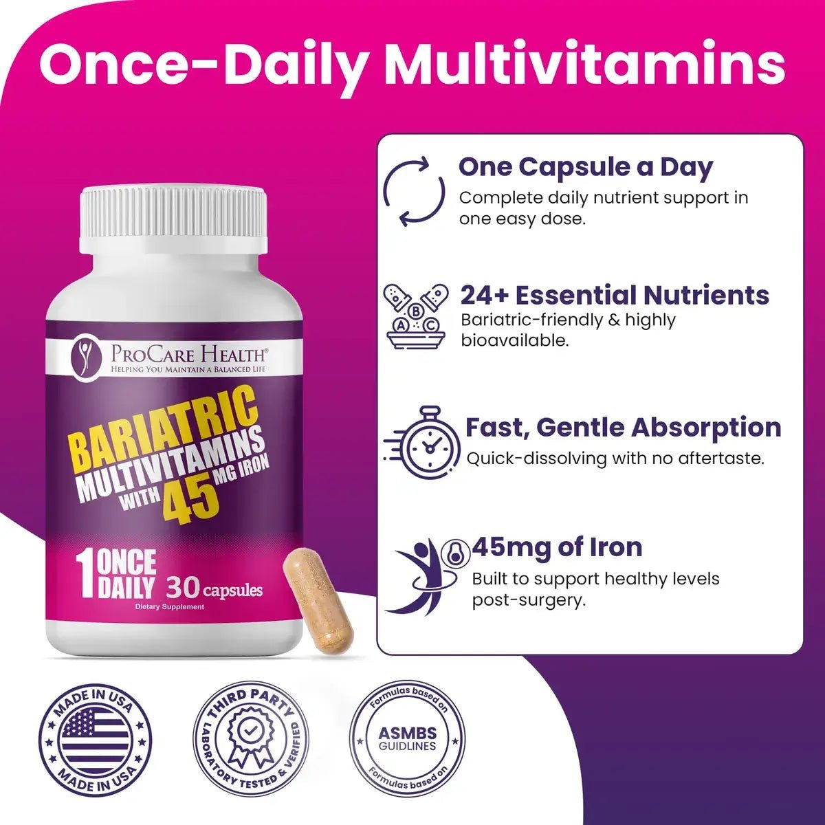 ProCare Health® Multivitamínico Bariátrico con 45mg Hierro 30 Cápsulas - Hi Vitamins