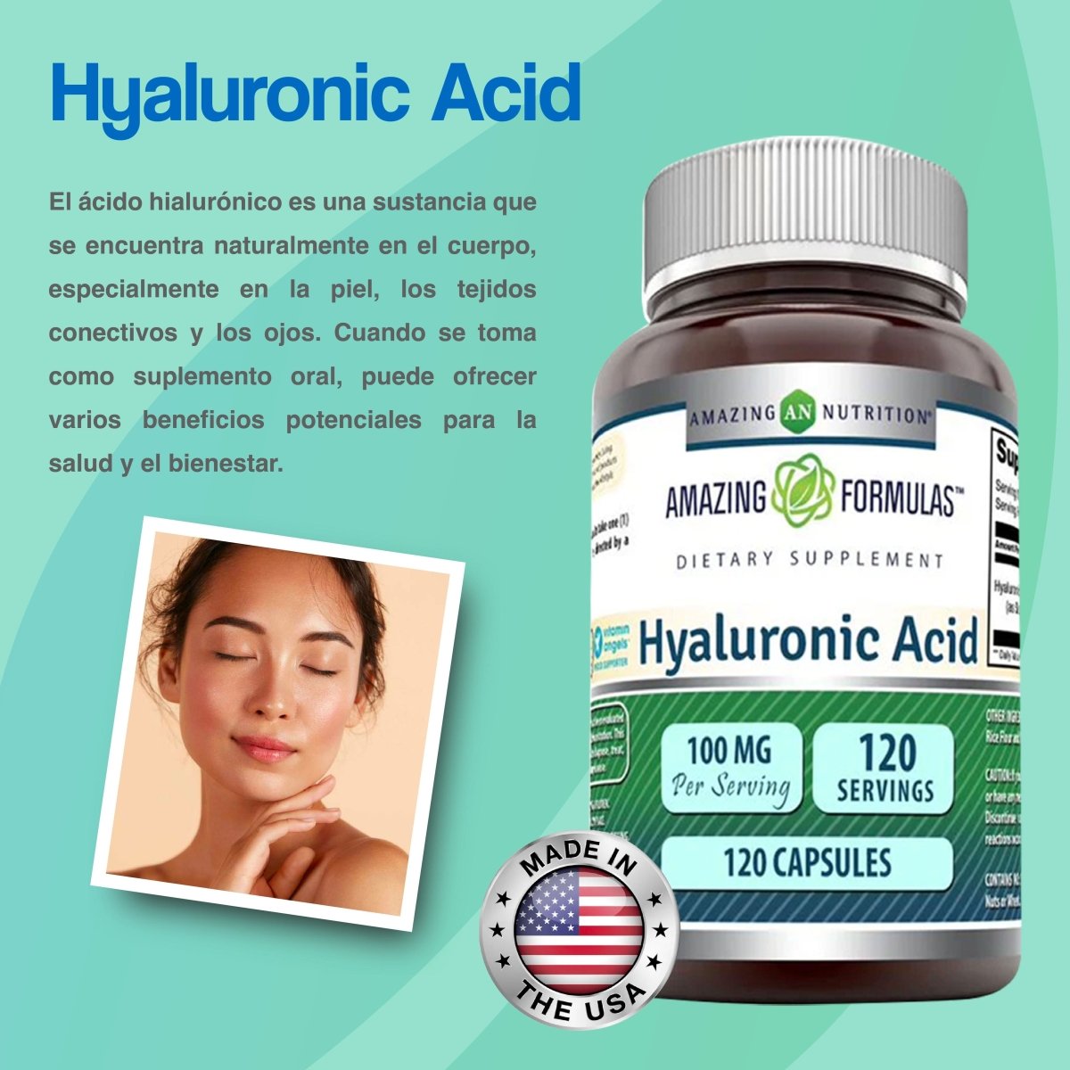 Amazing Nutrition Hyaluronic Acid 100mg 120 Cápsulas - Hi Vitamins