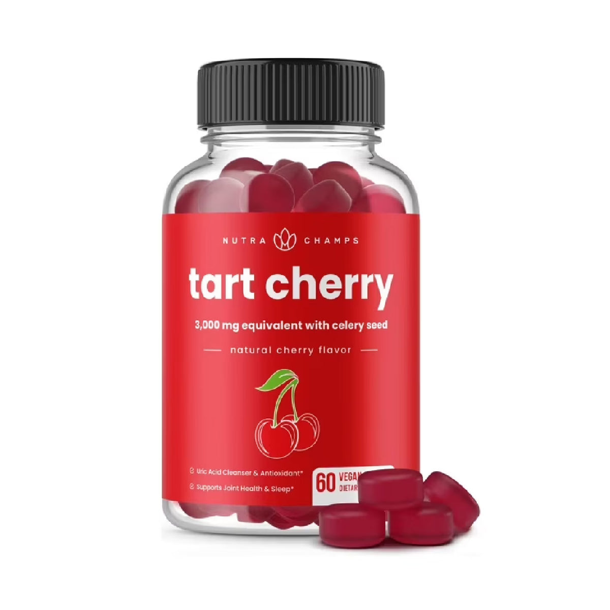 Nutra Champs Tart Cherry 3000 mg 60 Gomitas Veganas Apoyo Articulaciones, Recuperación Muscular y Descanso