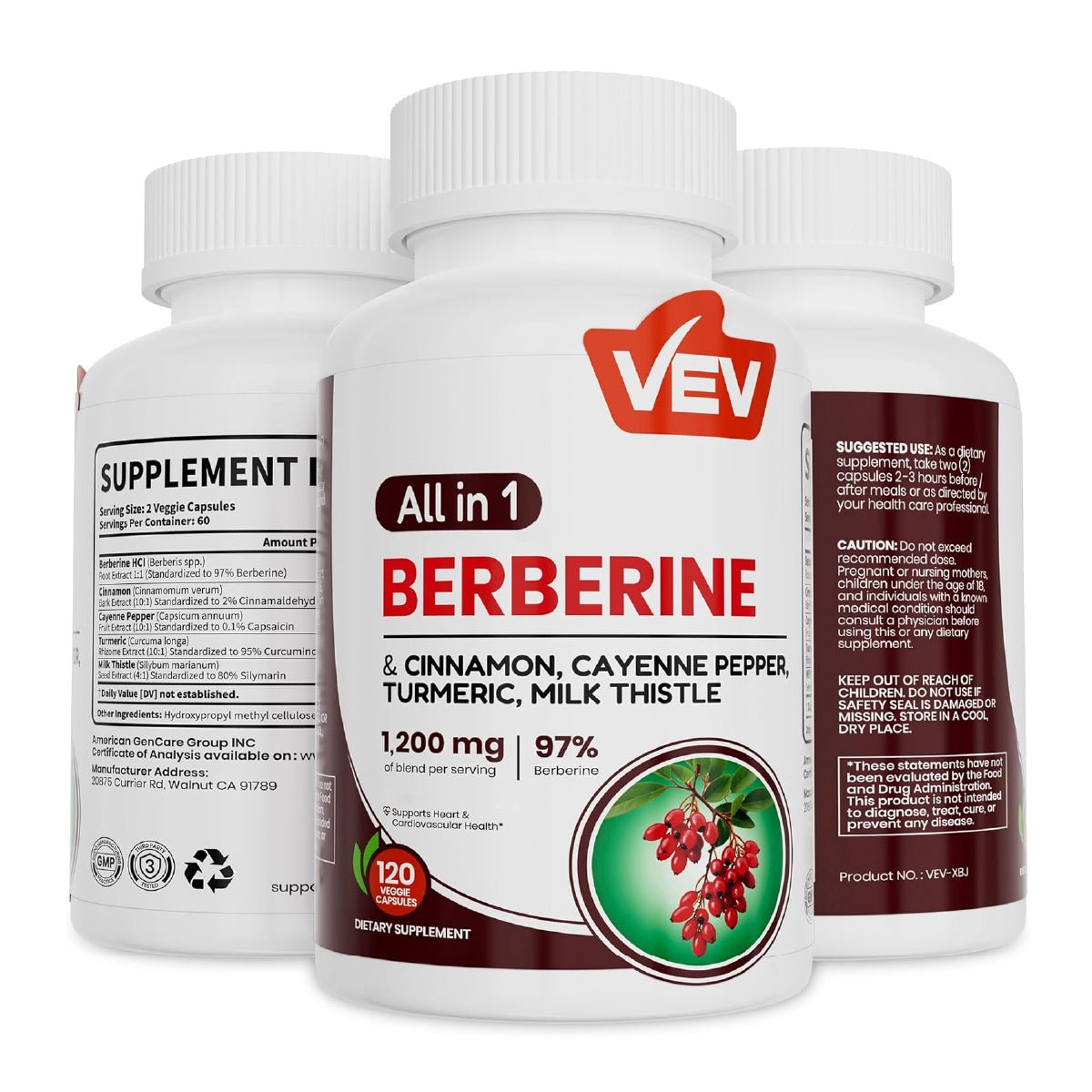 VEV Berberina 120 Cápsulas con Canela de Ceilán Cúrcuma y Cardo Mariano Apoyo Metabolismo y Bienestar Digestivo - Hi Vitamins