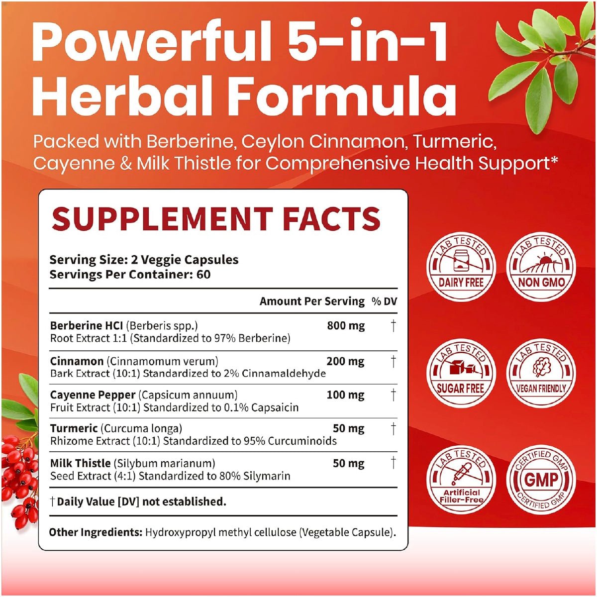 VEV Berberina 120 Cápsulas con Canela de Ceilán Cúrcuma y Cardo Mariano Apoyo Metabolismo y Bienestar Digestivo - Hi Vitamins