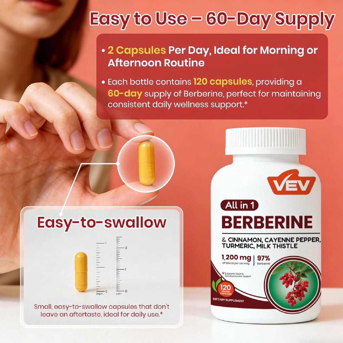 VEV Berberina 120 Cápsulas con Canela de Ceilán Cúrcuma y Cardo Mariano Apoyo Metabolismo y Bienestar Digestivo - Hi Vitamins