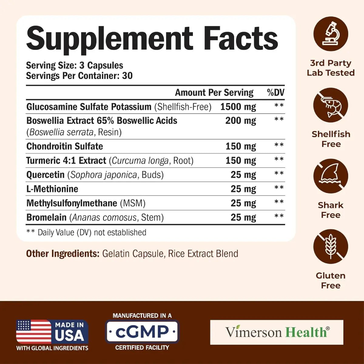Vimerson Health Glucosamina, Condroitina, Cúrcuma, MSM y Boswellia 90 Cápsulas - Hi Vitamins