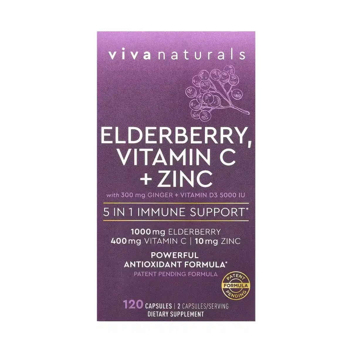 Viva Naturals Baya de Saúco 5 en 1 con Vitamina C, Zinc, Vitamina D3 y Jengibre 120 Cápsulas - Hi Vitamins