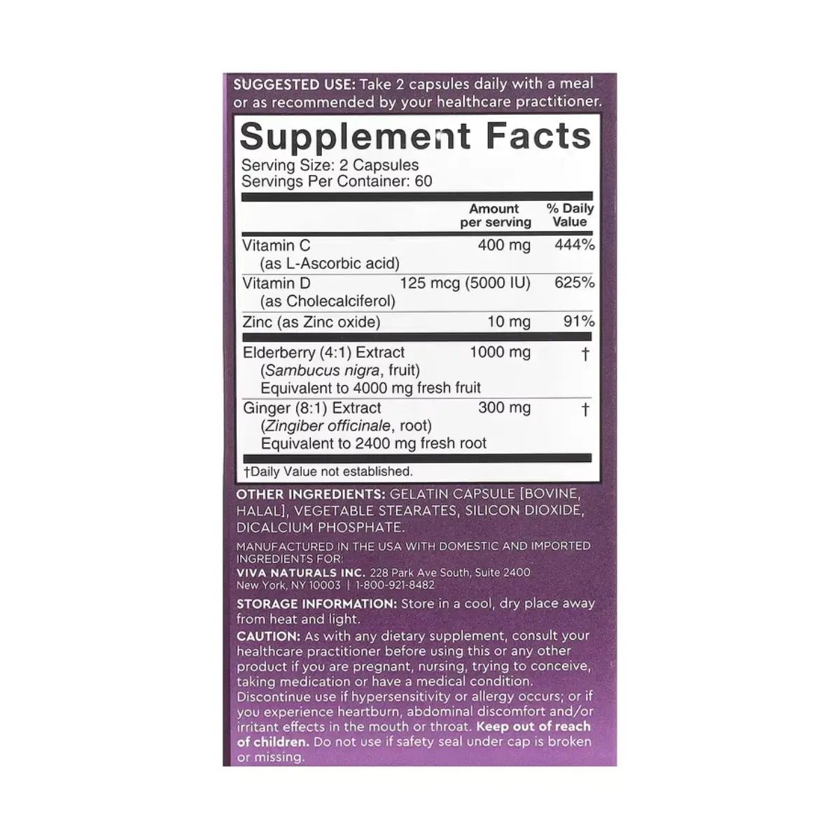 Viva Naturals Baya de Saúco 5 en 1 con Vitamina C, Zinc, Vitamina D3 y Jengibre 120 Cápsulas - Hi Vitamins