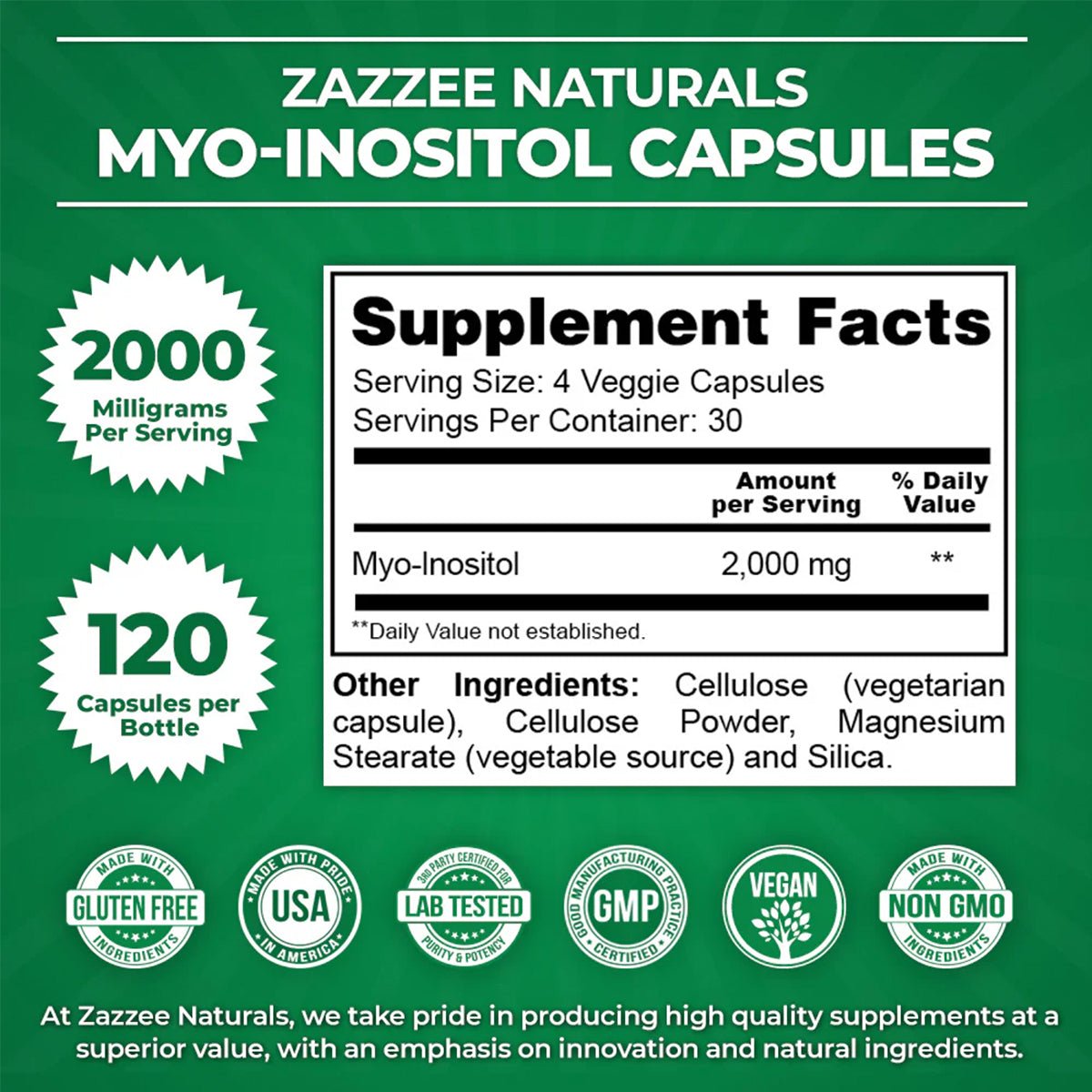Zazzee Naturals Myo - Inositol 2000 Mg 120 Cápsulas - Hi Vitamins