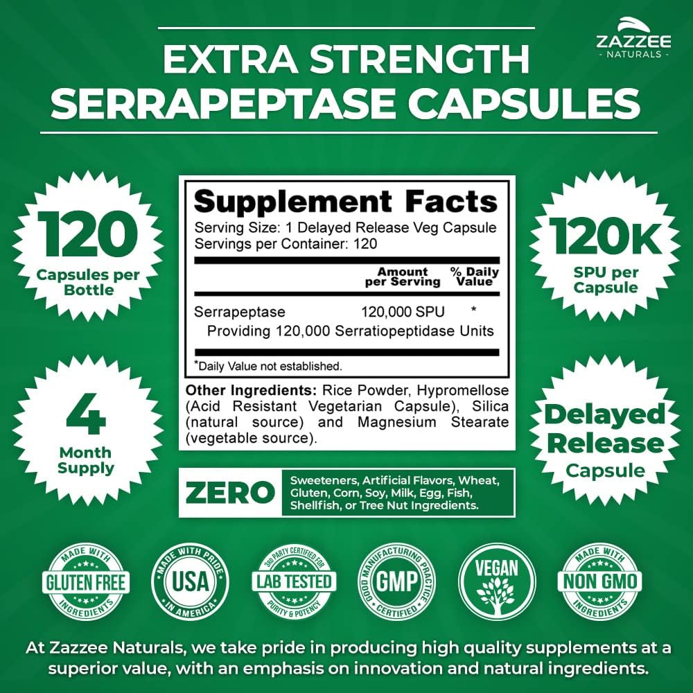 Zazzee Naturals Serrapeptasa 120,000 SPU 120 Cápsulas - Hi Vitamins