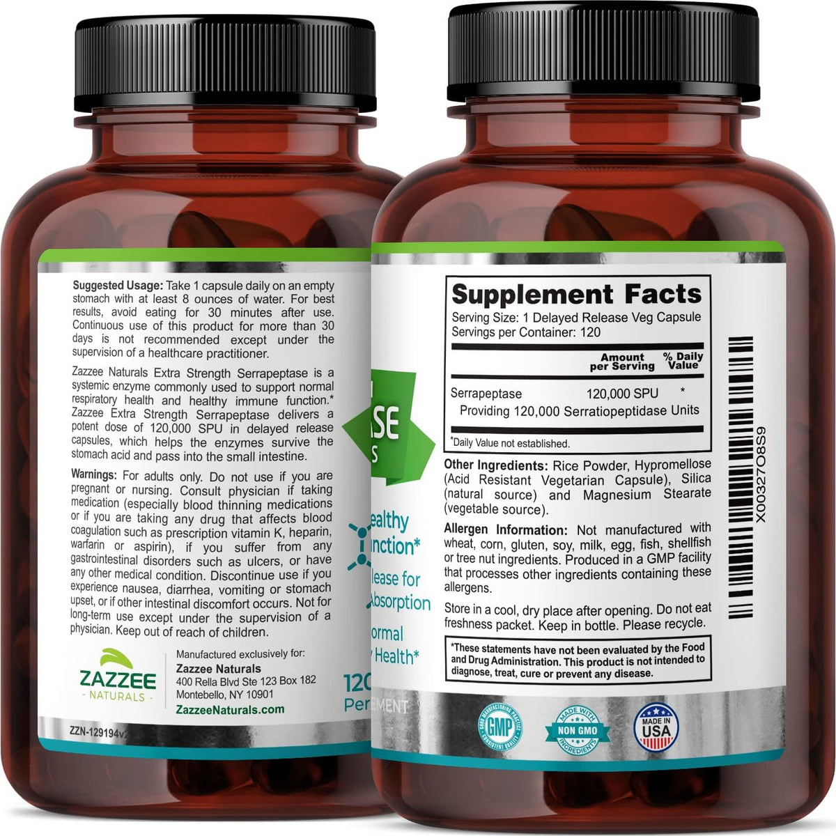 Zazzee Naturals Serrapeptasa 120,000 SPU 120 Cápsulas - Hi Vitamins