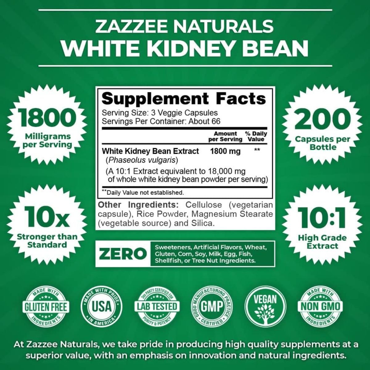 Zazzee White Kidney Bean 1800 Mg 200 Cápsulas - Hi Vitamins