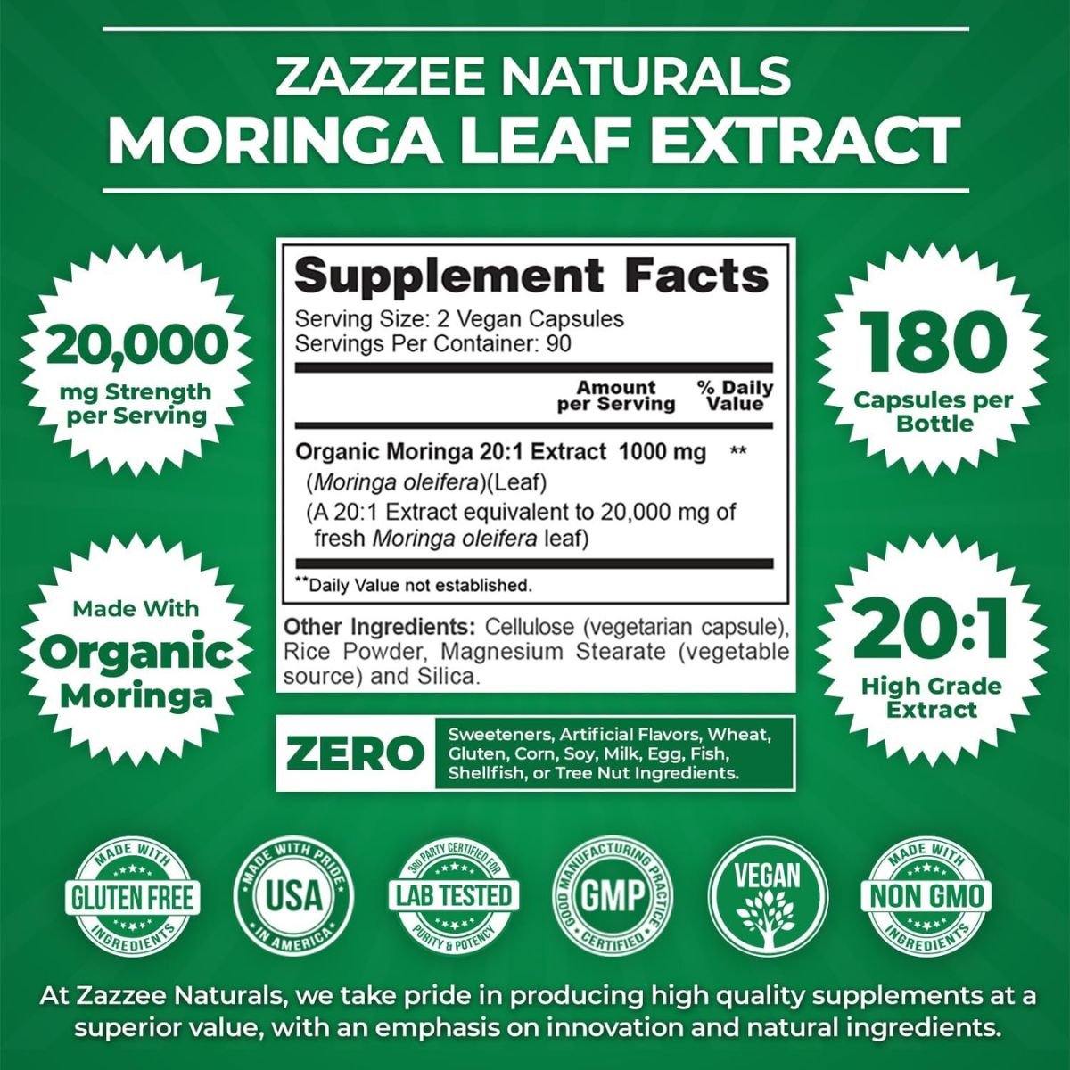 Zazzee Naturals Hoja de Moringa 20,000 mg 180 Cápsulas - Hi Vitamins