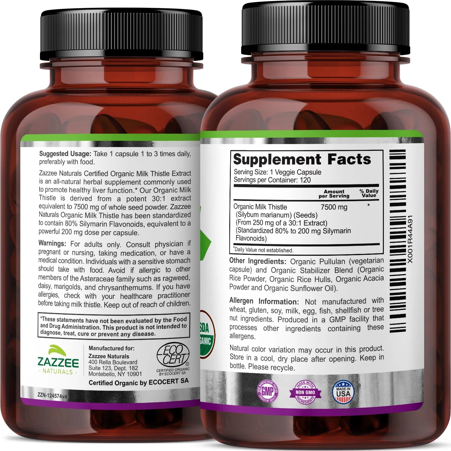 Zazzee Naturals Cardo Mariano Orgánico 120 Cápsulas - Hi Vitamins