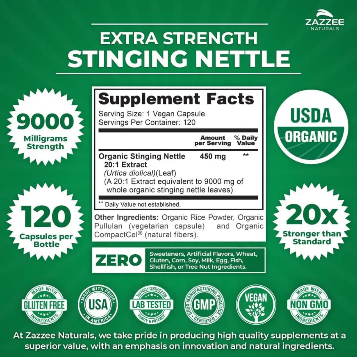 Zazzee Ortiga (Stinging Nettle) 9000 mg 120 Cápsulas - Hi Vitamins