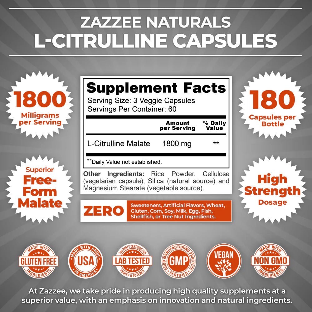 Zazzee Naturals L - Citrulina 1,800 Mg 180 Cápsulas - Hi Vitamins