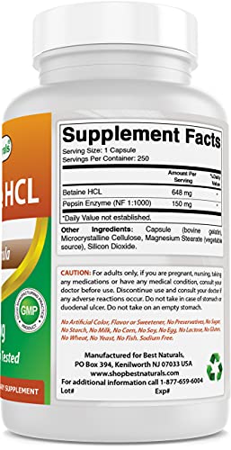 Best Naturals Betaine HCL 648 mg 250 Cápsulas