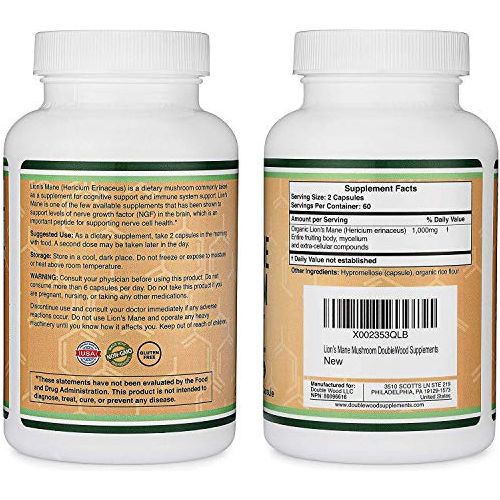 Double Wood Lion's Mane Mushroom 500 mg 120 Cápsulas