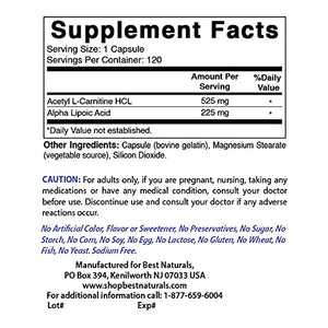 Best Naturals Acetyl L-Carnitine Alpha Lipoic Acid 750 mg 120 Cápsulas