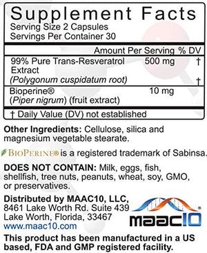 maac10 Trans-Resveratrol 250 Micronized Particles 60 Cápsulas