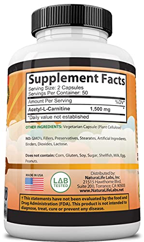 NATURALIFE LABS ACETYL L - CARNITINE 1500 MG 100 CAPSULES - Hi Vitamins