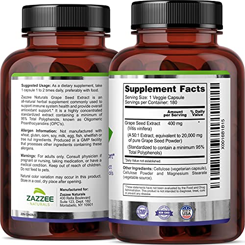 Zazzee Naturals €¢ Grape Seed Extract 400 Mg 180 Cápsulas - Hi Vitamins