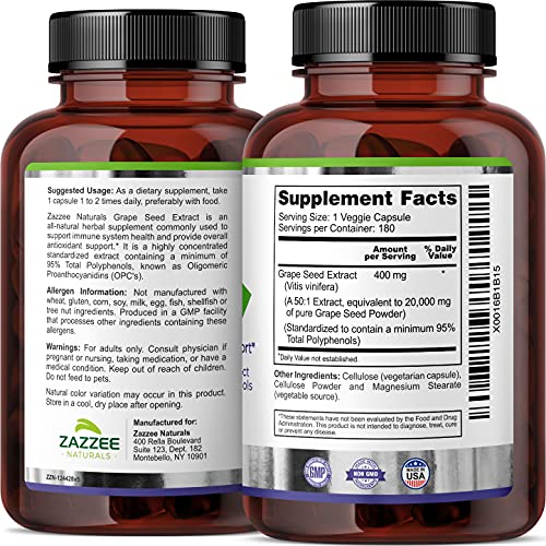 Zazzee Naturals Grape Seed Extract 400 mg 180 Cápsulas