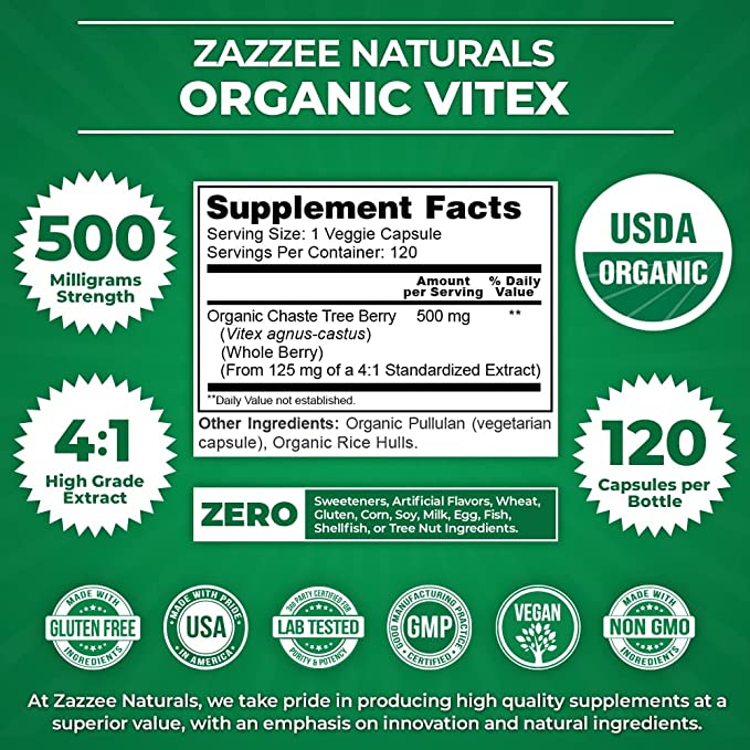 Zazzee Naturals Organic Vitex 500 Mg 120 Cápsulas - Hi Vitamins