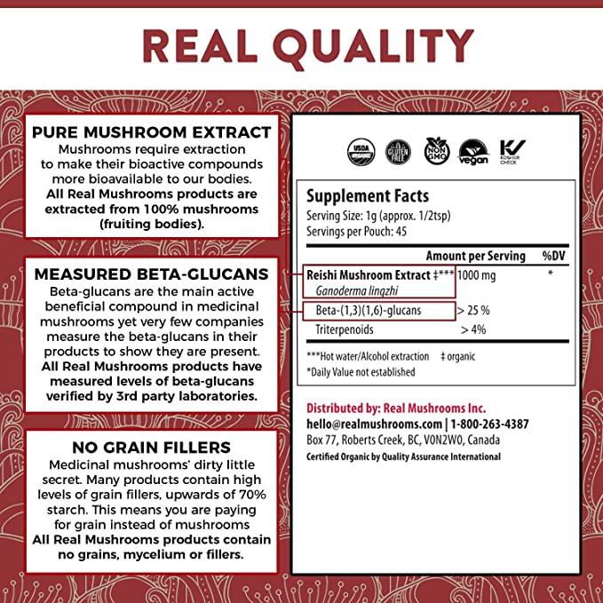 Real Mushrooms Reishi Longevity 1.59oz 45 Poriciones - Hi Vitamins
