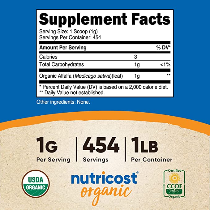 Nutricost® Alfalfa 100% Orgánica 454 Grs - Hi Vitamins