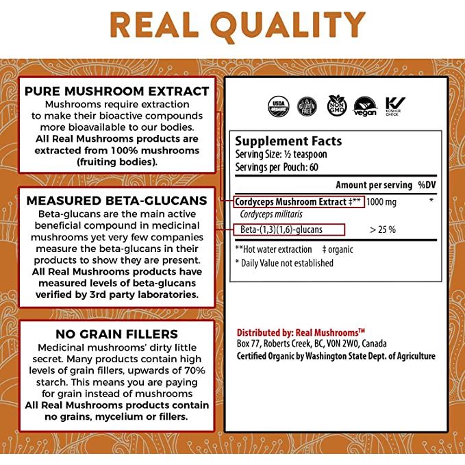 Real Mushrooms Polvo de Extracto de Hongo Orgánico Cordyceps - M Peak Performance 2.12oz 60 Porciones - Hi Vitamins