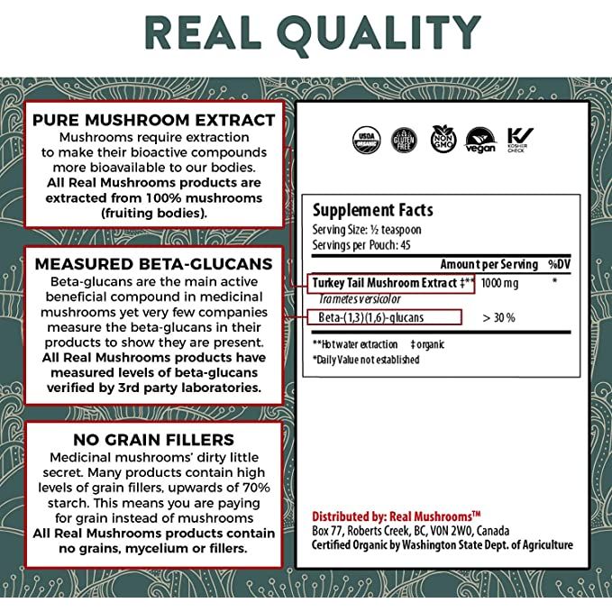 Real Mushrooms Turkey Tail Apoyo Inmunológico 1.59oz 45 Porciones - Hi Vitamins