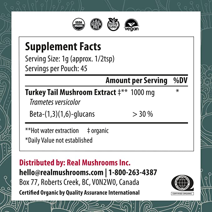 Real Mushrooms Turkey Tail Apoyo Inmunológico 1.59oz 45 Porciones - Hi Vitamins
