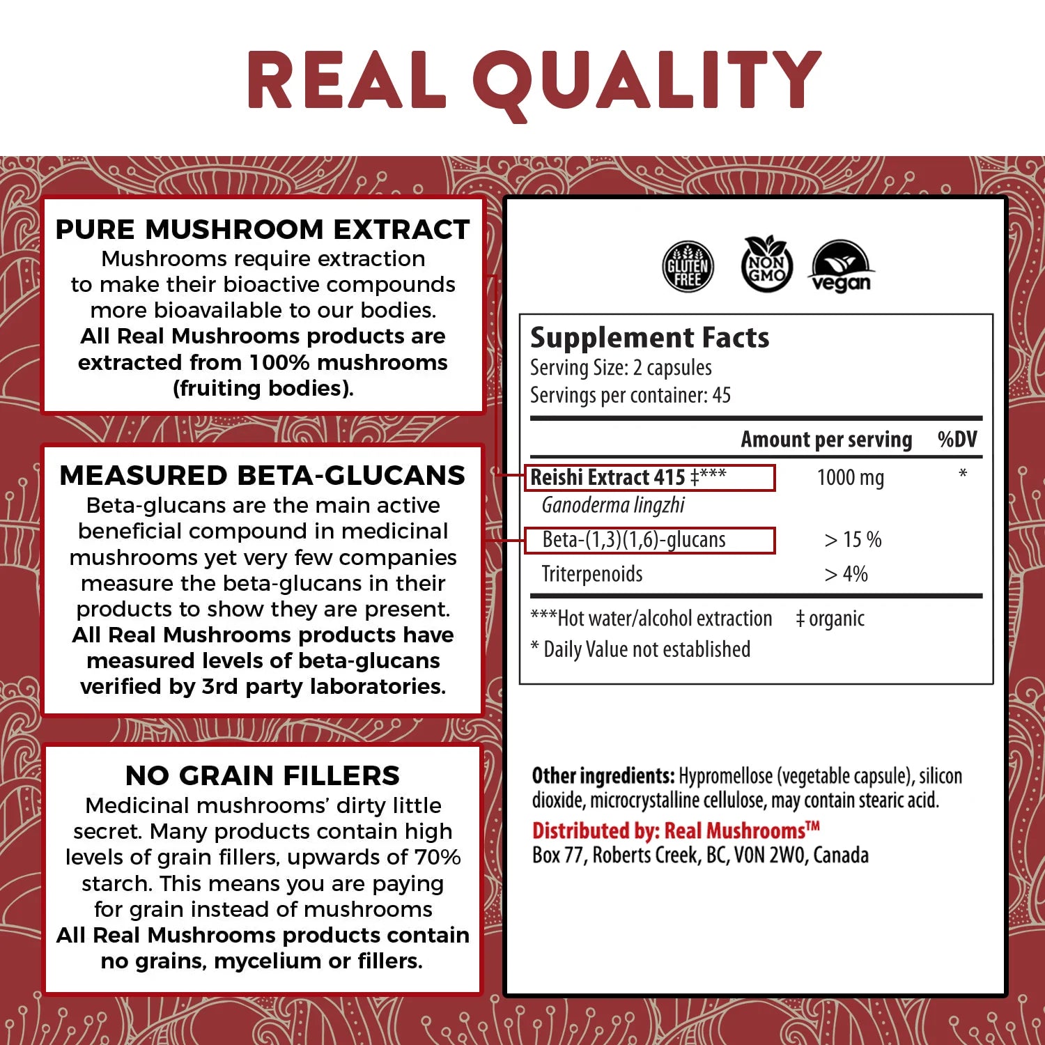 REAL MUSHROOMS™ REISHI 415 LONGEVITY 90 CAPSULES - Hi Vitamins
