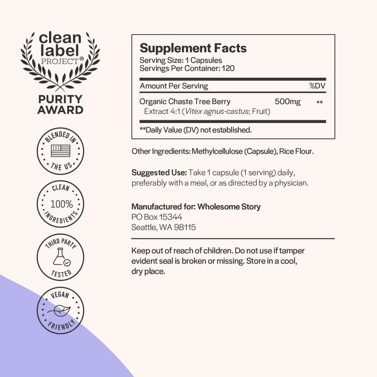 Wholesome Story® Vitex (Chaste Tree Berry) 500 Mg 120 Cápsulas - Hi Vitamins